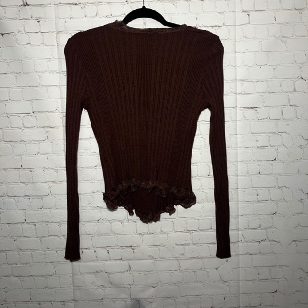 Brown Ruffled Ribbed Long-Sleeve Cardigan - Picture 4 of 9